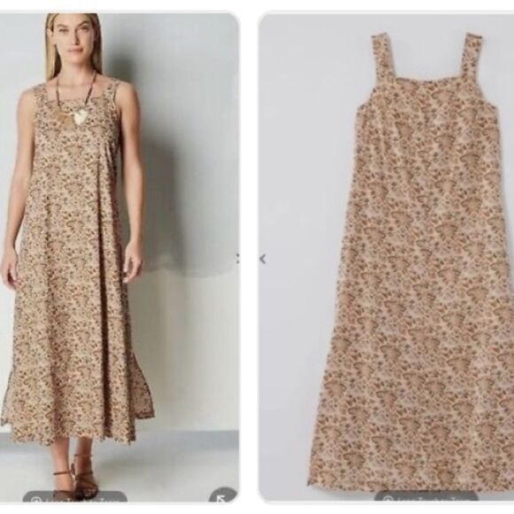 J. Jill Pure Jill Kalamkari Maxi Dress Very Pretty Beige Tan Block Print Boho S - Picture 1 of 11